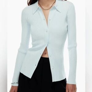 Babaton White Ribbed Button‑Front Cardigan